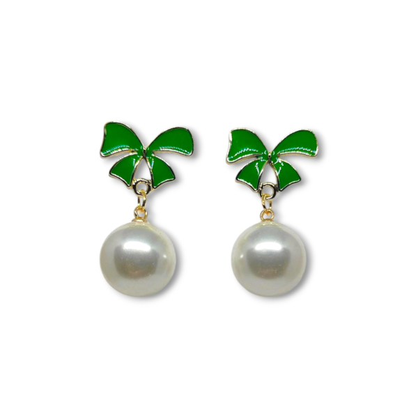 Green enamel Korean Bow Pearl Earrings