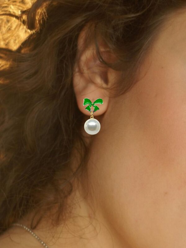 Green enamel Korean Bow Pearl Earrings