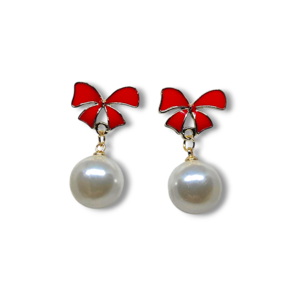 red enamel Korean Bow Pearl Earrings