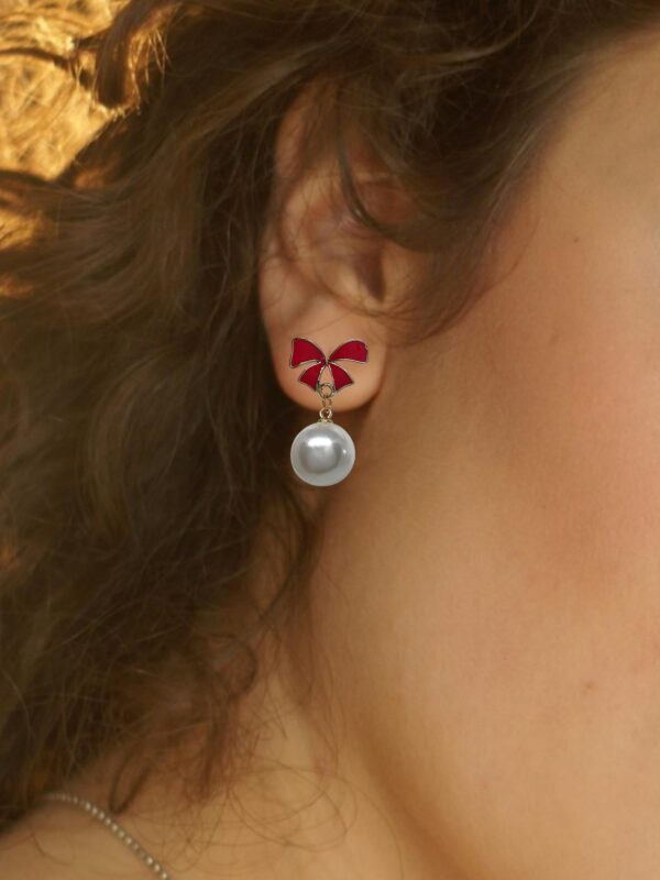 red enamel Korean Bow Pearl Earrings