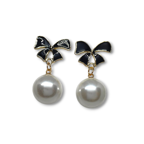 black enamel Korean Bow Pearl Earrings